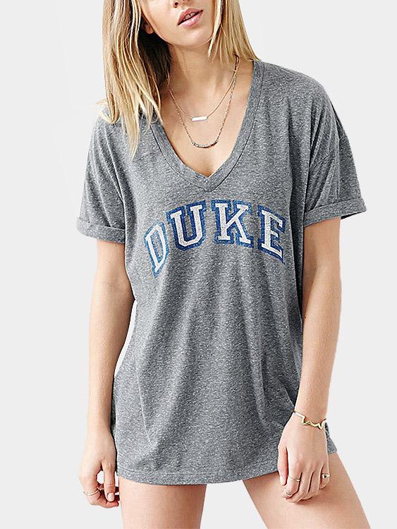 Round Neck Letter Short Sleeve Grey Tee