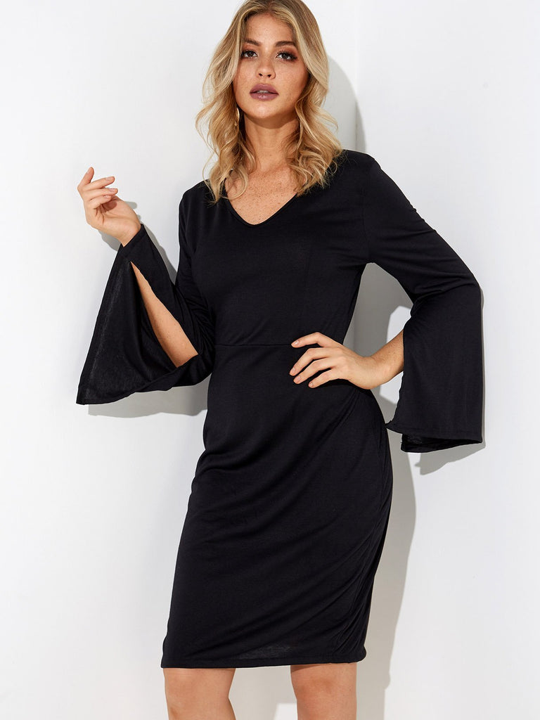 Black V-Neck Long Sleeve Plain Slit Dress