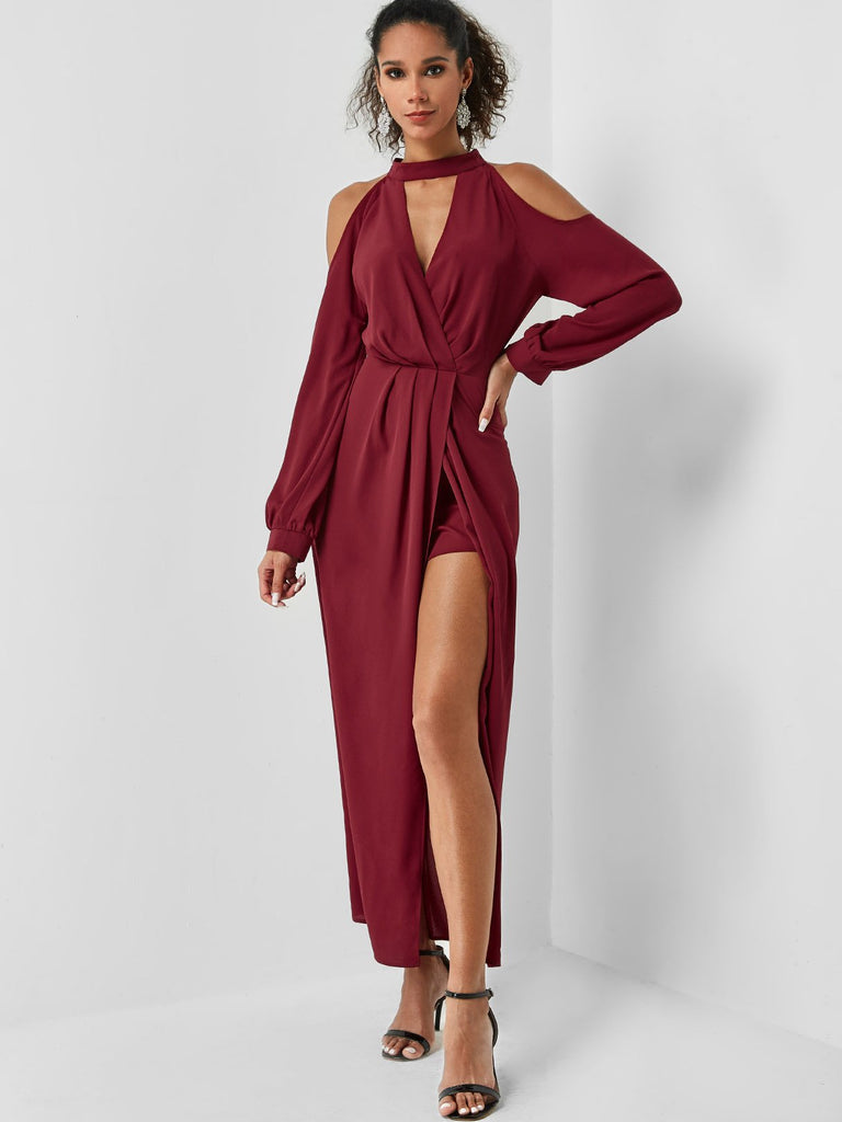 Burgundy Cold Shoulder Long Sleeve Plain Cut Out Slit Hem Maxi Dress