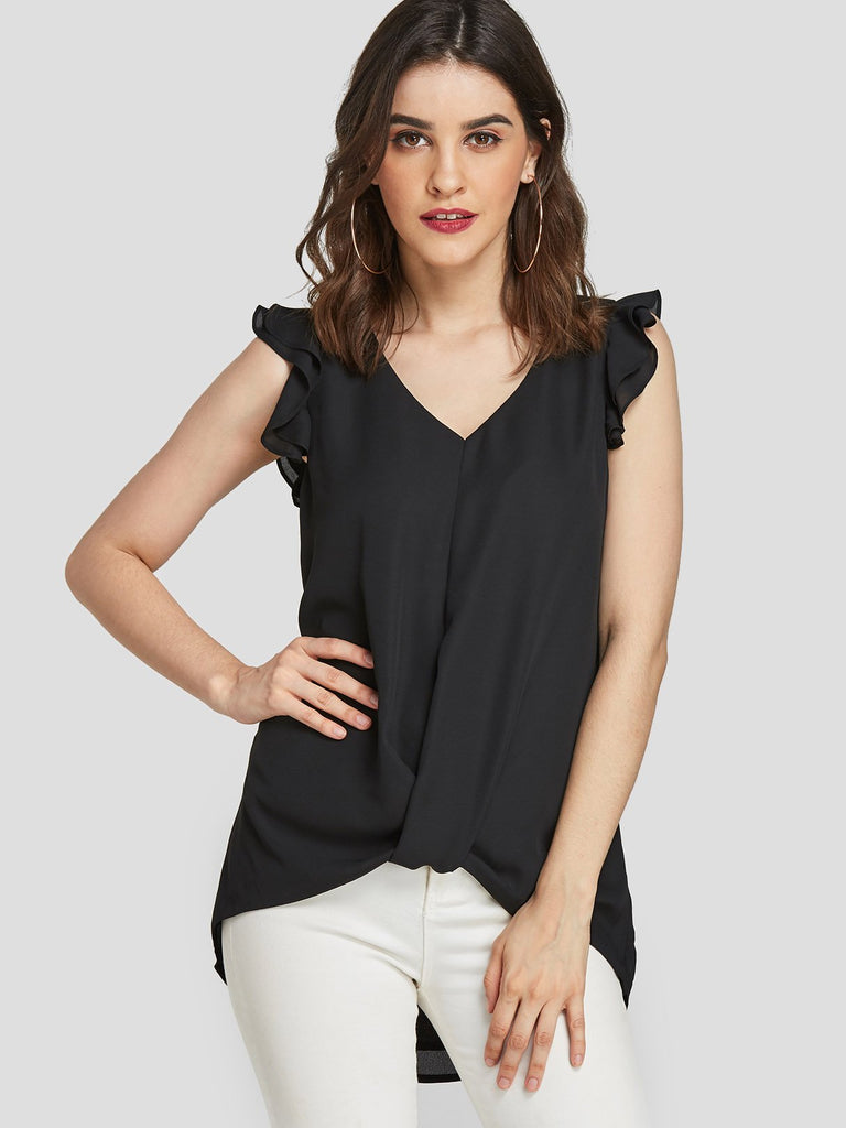 V-Neck Twist Sleeveless Black Tank Top