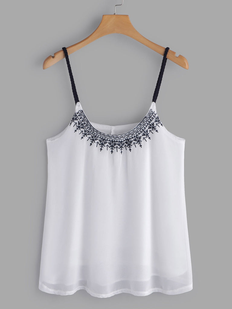 Deep V Neck Embroidered Sleeveless White Camis