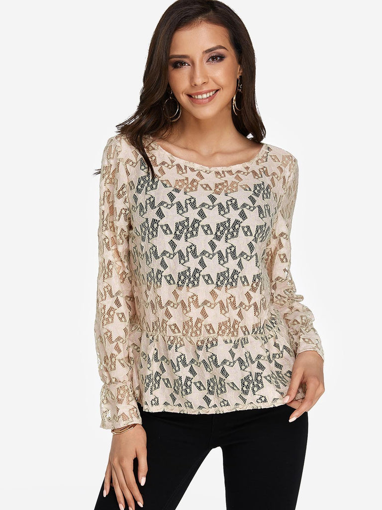 Round Neck Star Lace Long Sleeve Beige T-Shirts