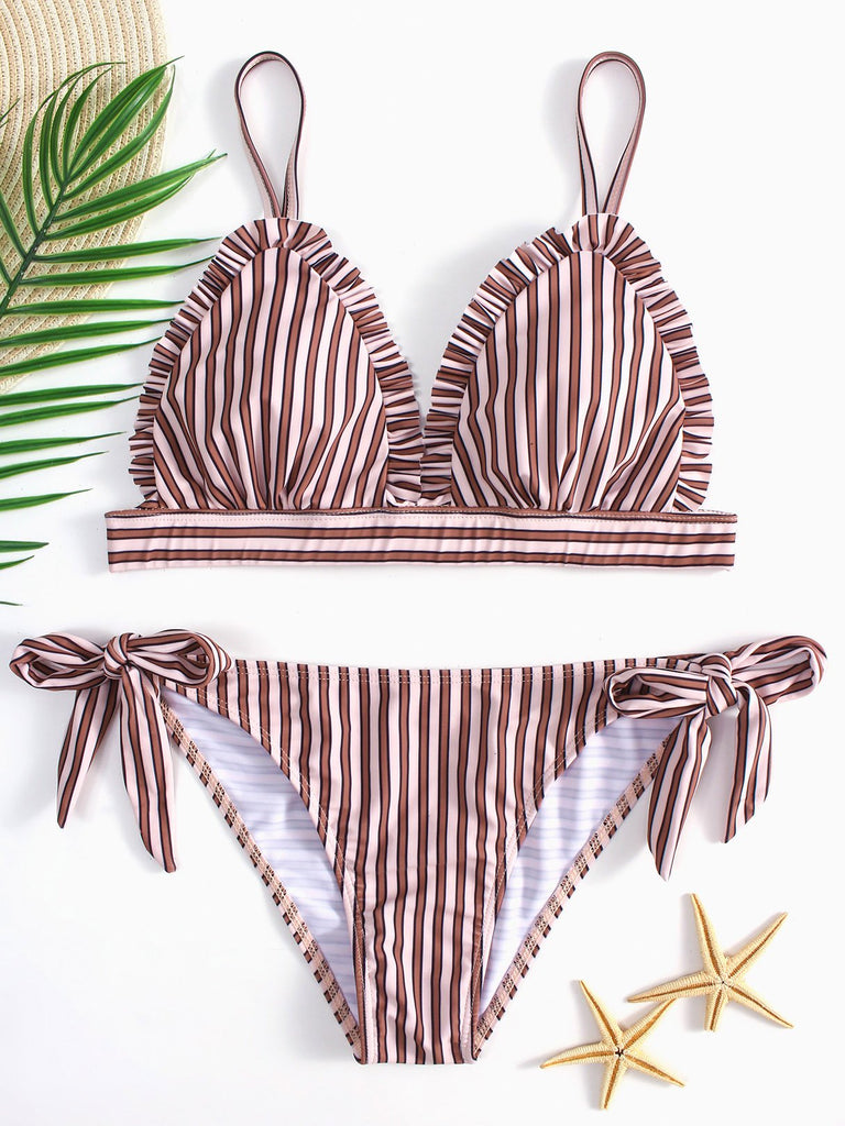 Yellow Sleeveless Stripe Self-Tie Two Piece Bikini