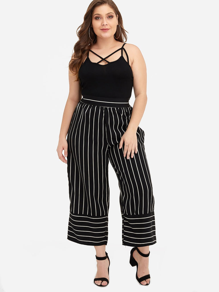 Plus Size Elastic Strap Stripe Wide Leg Pants