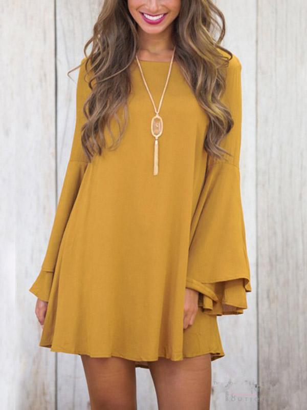 Yellow Round Neck Long Sleeve Plain Lace-Up Mini Dresses