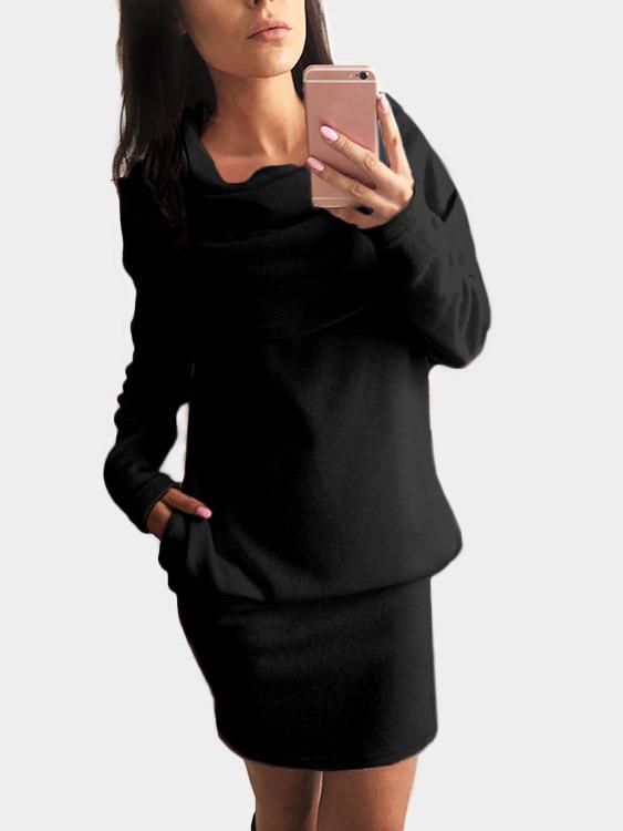 Black Roll Neck Long Sleeve Side Pockets Casual Dresses