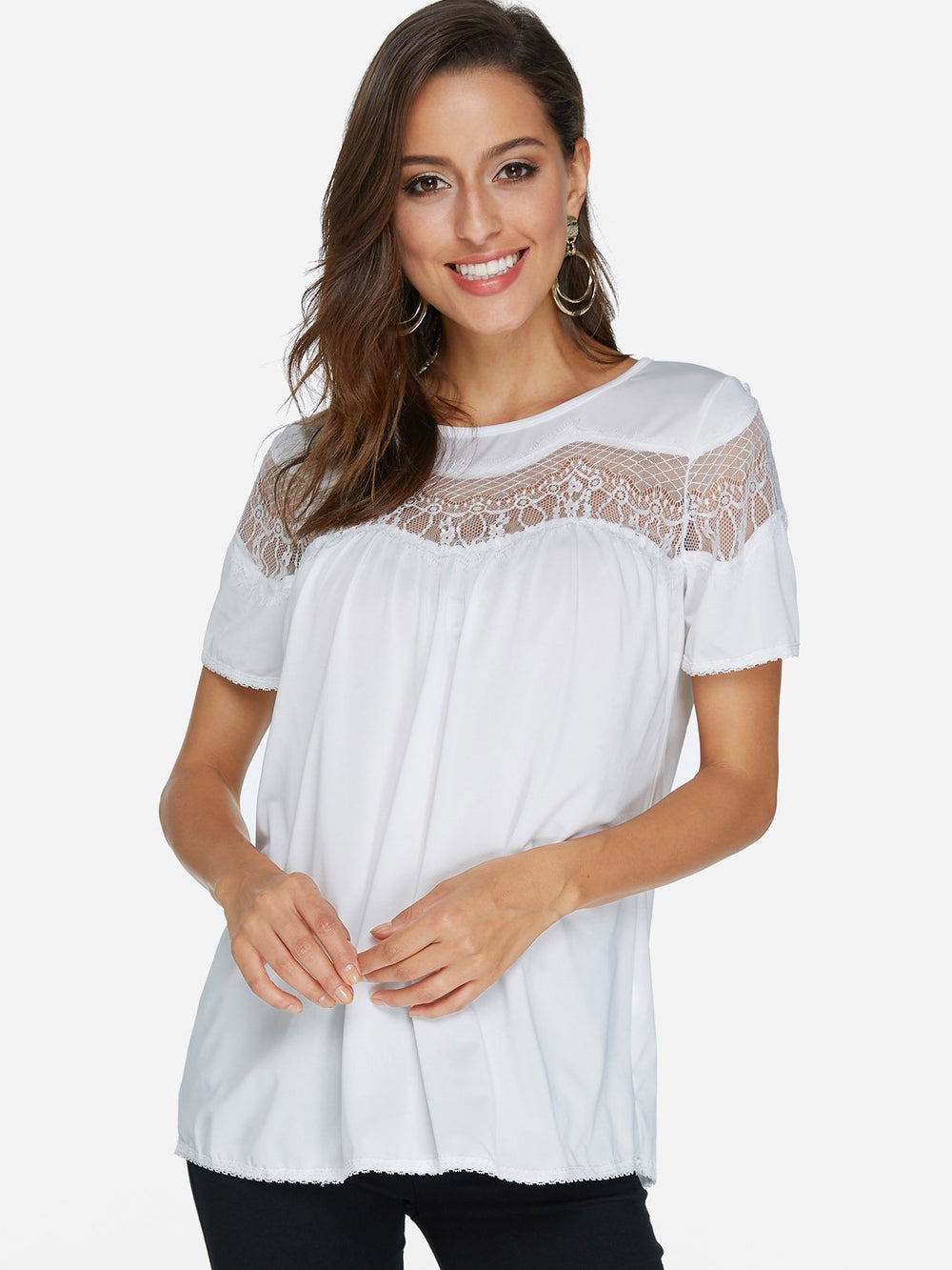Round Neck Lace Short Sleeve White Top