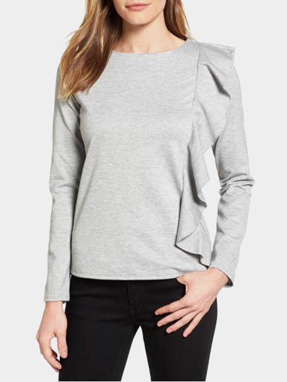 Round Neck Ruffle Trim Long Sleeve Grey Top