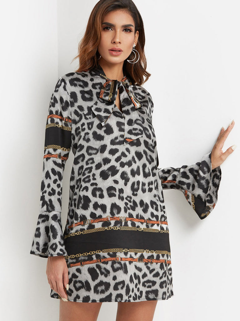 Long Sleeve Leopard Self-Tie Casual Dresses
