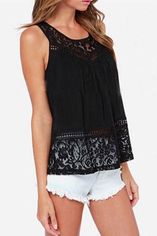 Crew Neck Lace Backless Slit Sleeveless Black Camis