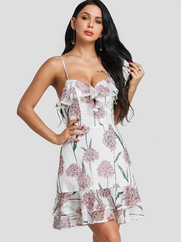 White Off The Shoulder Sleeveless Floral Print Backless Lace-Up Spaghetti Strap Ruffle Hem Dresses