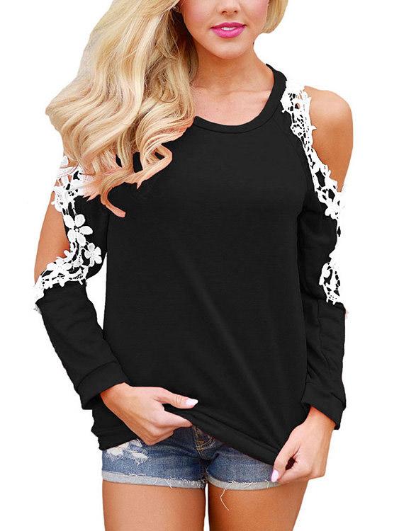 Round Neck Cold Shoulder Plain Lace Cut Out Long Sleeve Top