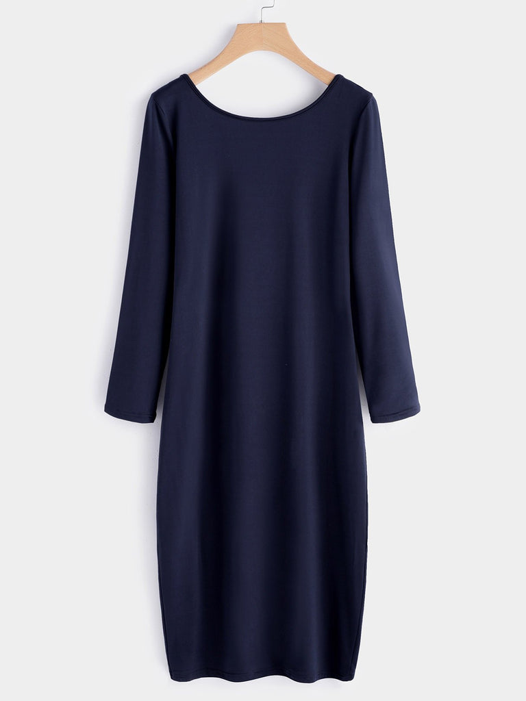 Navy Long Sleeve Plain Backless Dresses