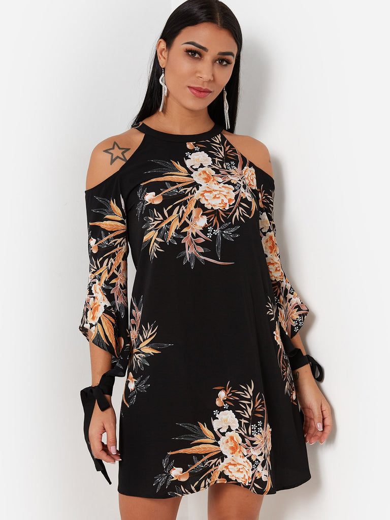 Black Round Neck Cold Shoulder 3/4 Length Sleeve Floral Print Dresses