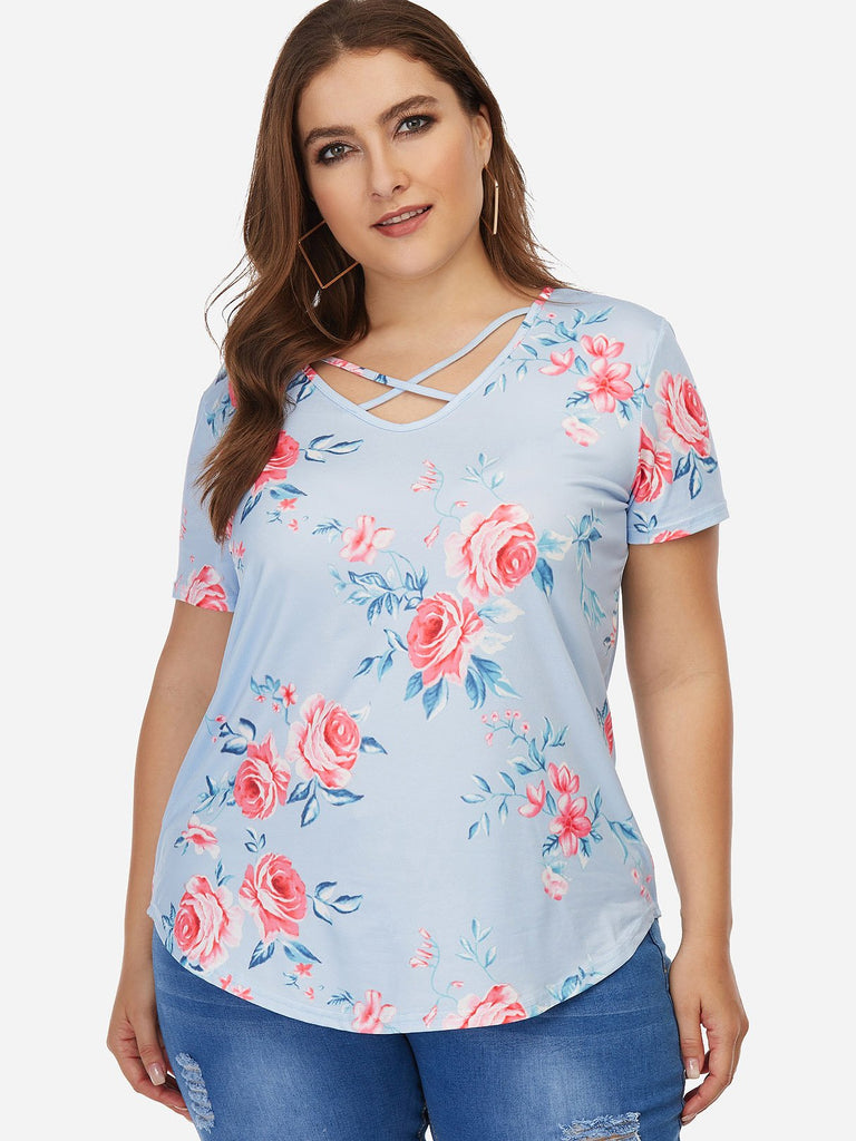 V-Neck Floral Print Short Sleeve Curved Hem Sky Blue Plus Size Tops