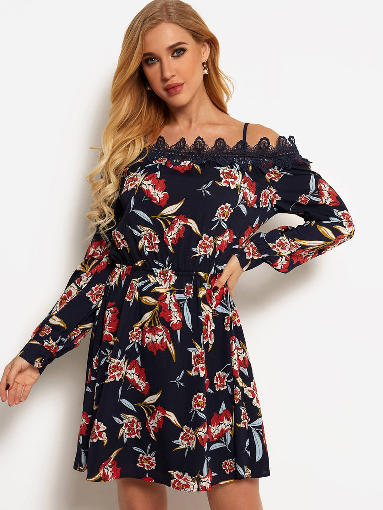 Navy Cold Shoulder Long Sleeve Floral Print Lace Self-Tie Dresses