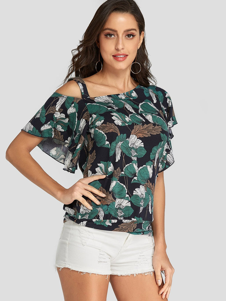 One Shoulder Printed Ruffle Trim Short Sleeve Dark Blue T-Shirts