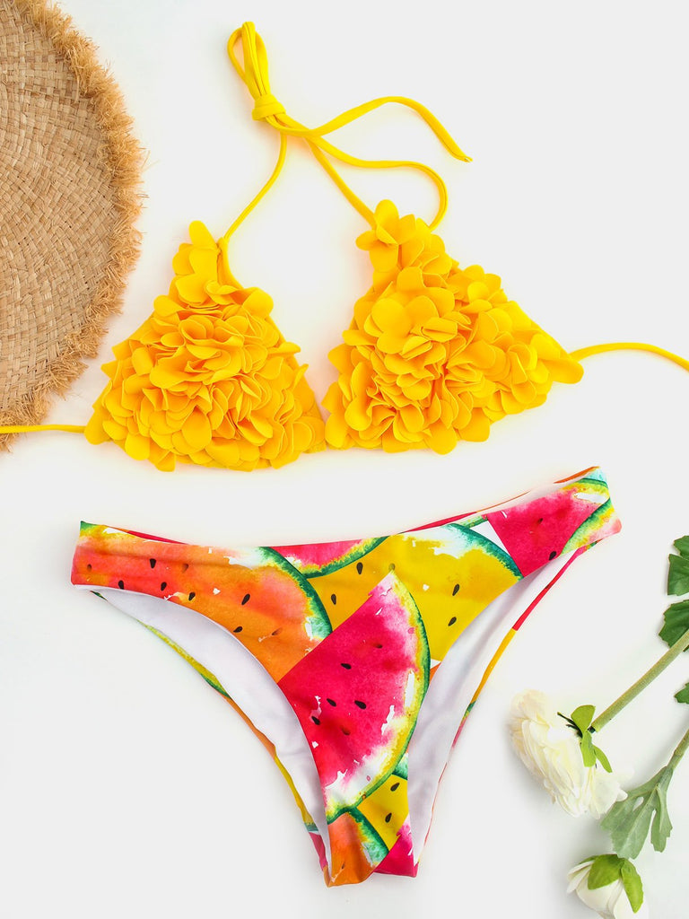 Halter Sleeveless Floral Print Backless Self-Tie Bikinis Set