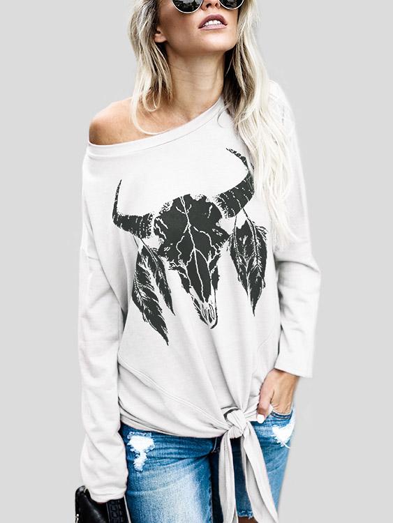 Round Neck Tube Top Animal Floral Print Long Sleeve T-Shirts
