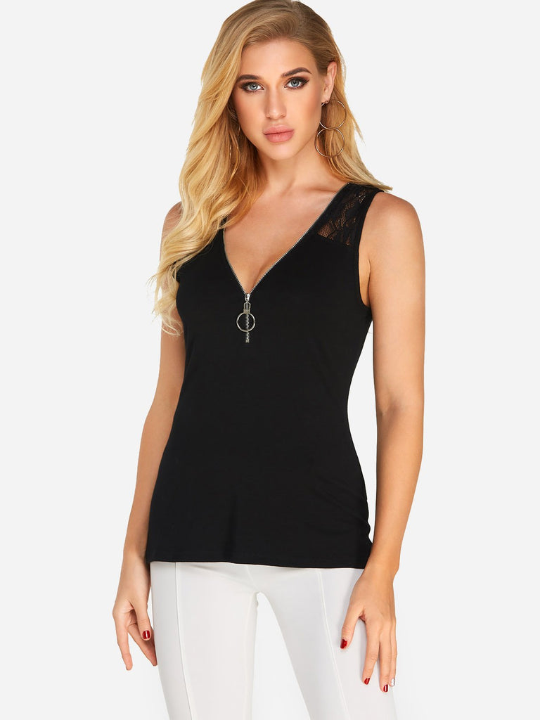 V-Neck Lace Zip Back Sleeveless Black Tank Top