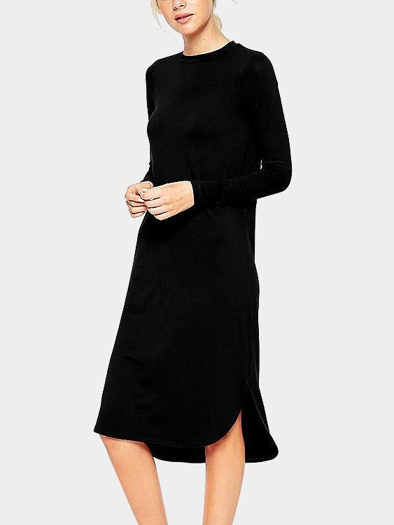 Black Round Neck Long Sleeve Plain Slit Hem Casual Dresses