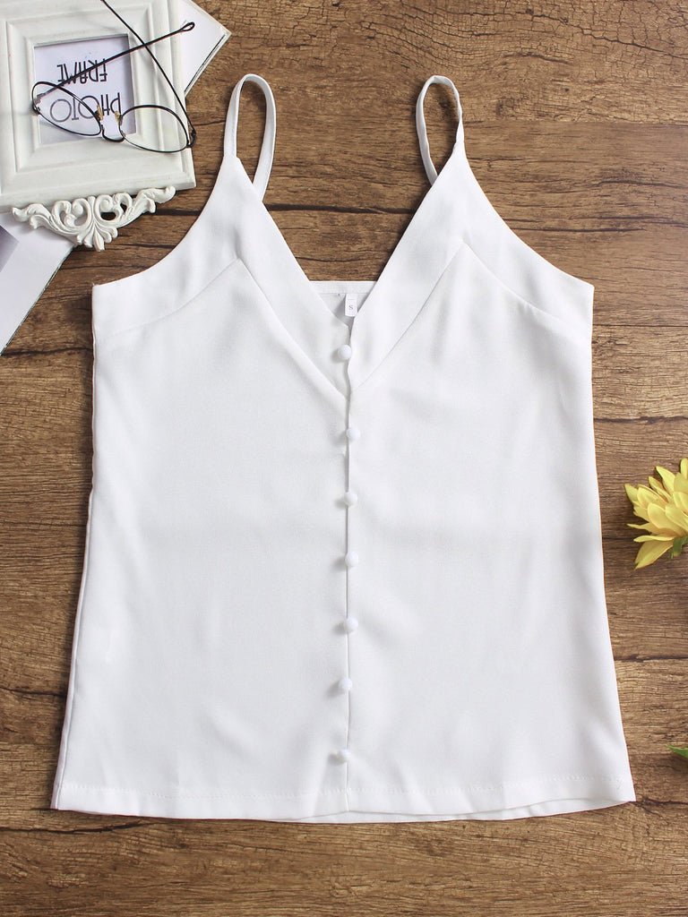 V-Neck Plain Backless Spaghetti Strap Sleeveless White Camis