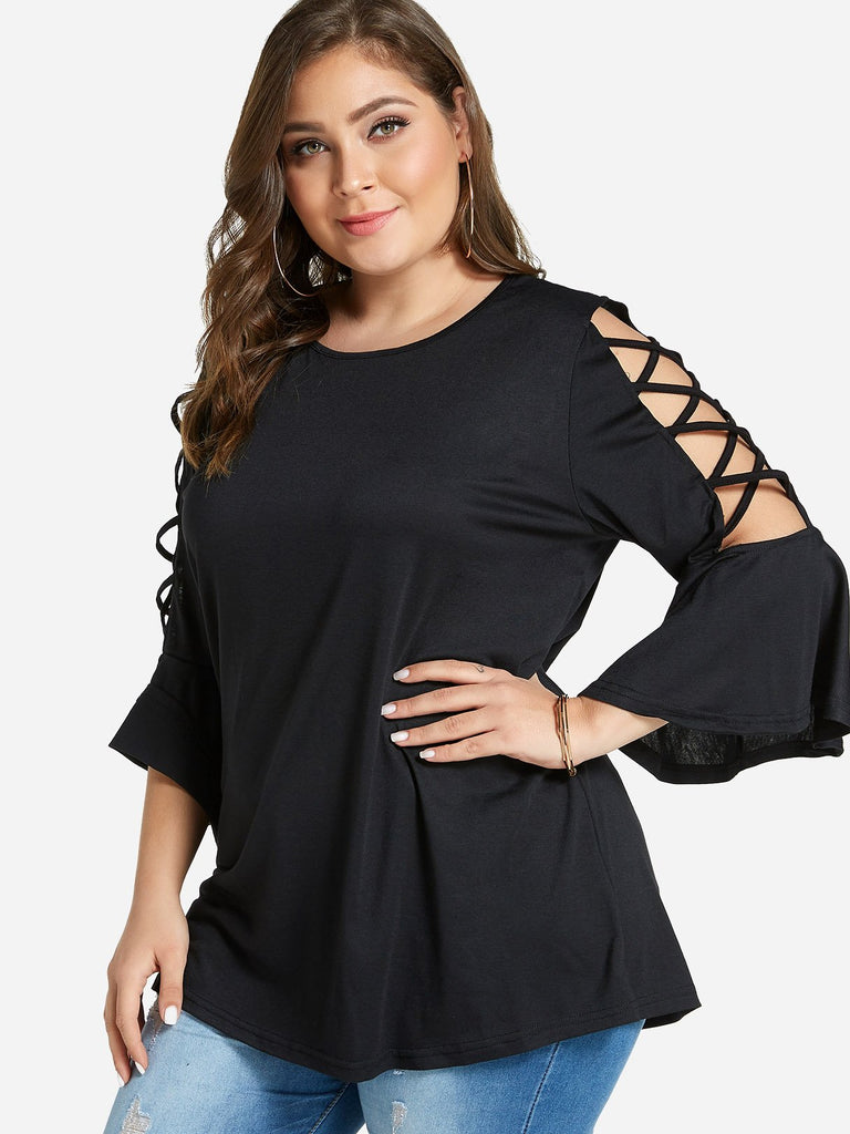Round Neck Cut Out 3/4 Sleeve Black Plus Size Tops