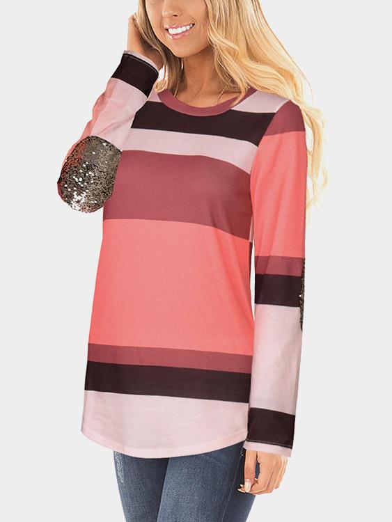 Pink Round Neck Long Sleeve Stripe Sequins Embellished Curved Hem T-Shirts