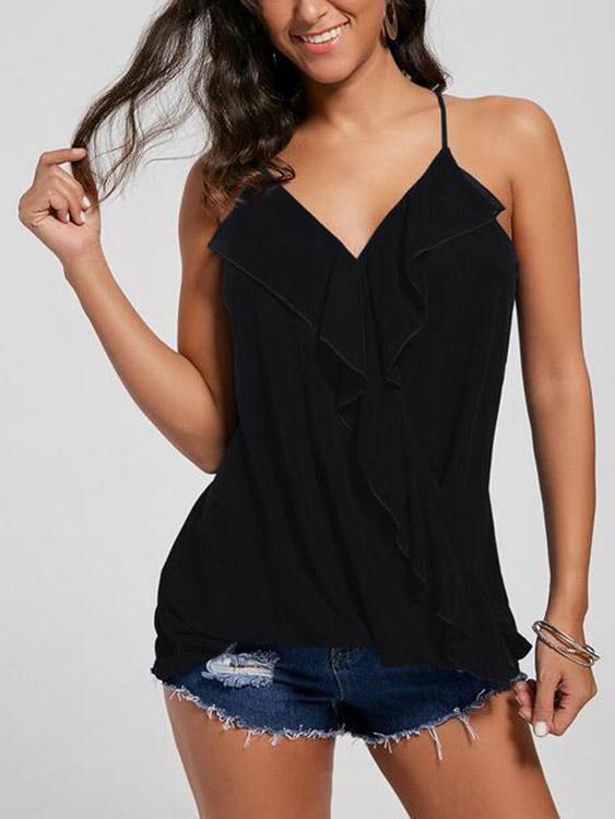 V-Neck Cold Shoulder Crossed Front Lace-Up Slit Sleeveless Irregular Hem Black Camis