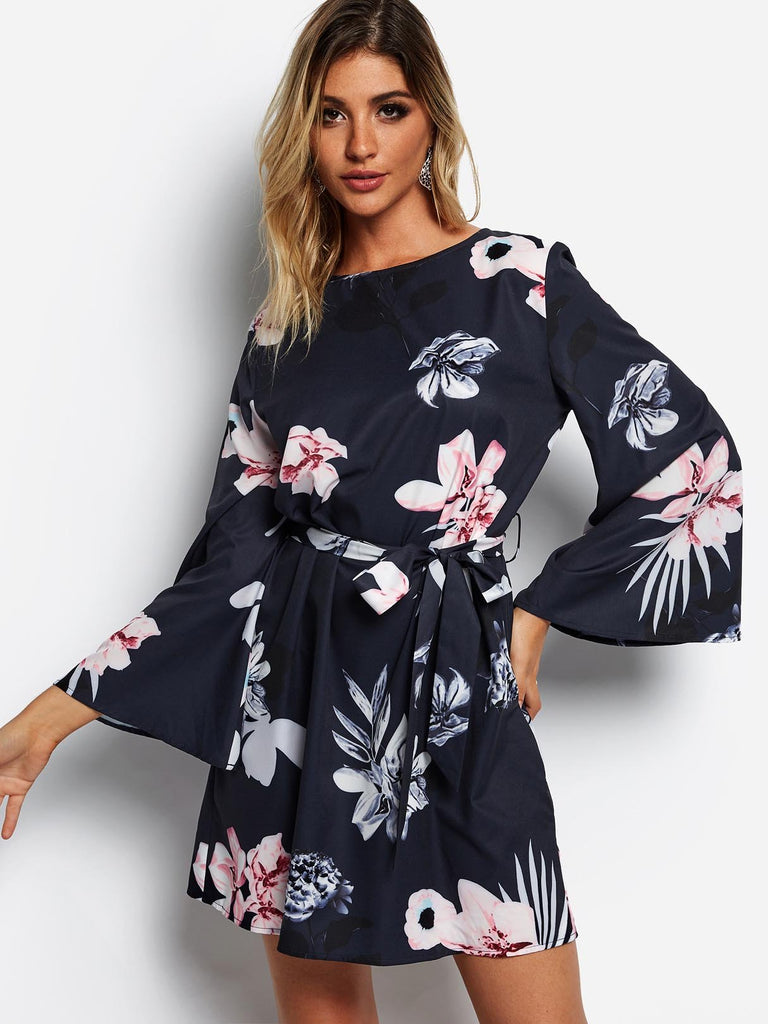 Navy Round Neck Long Sleeve Floral Print Cut Out Self-Tie Ruffle Hem Dresses