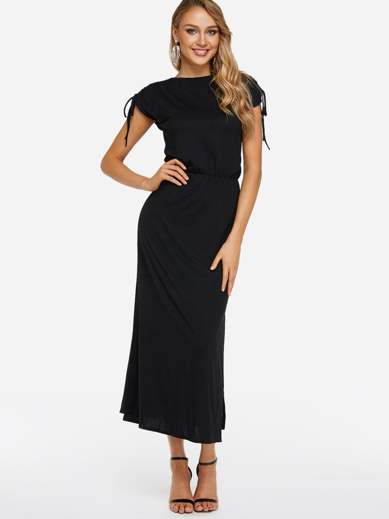 Black Crew Neck Sleeveless Plain Lace-Up Slit Maxi Dress