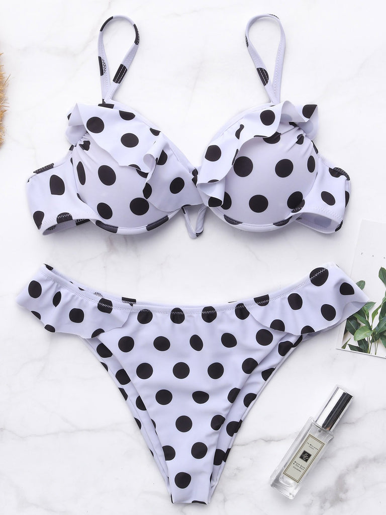 White V-Neck Sleeveless Polka Dot Tie-Up Ruffle Hem Bikini Suit