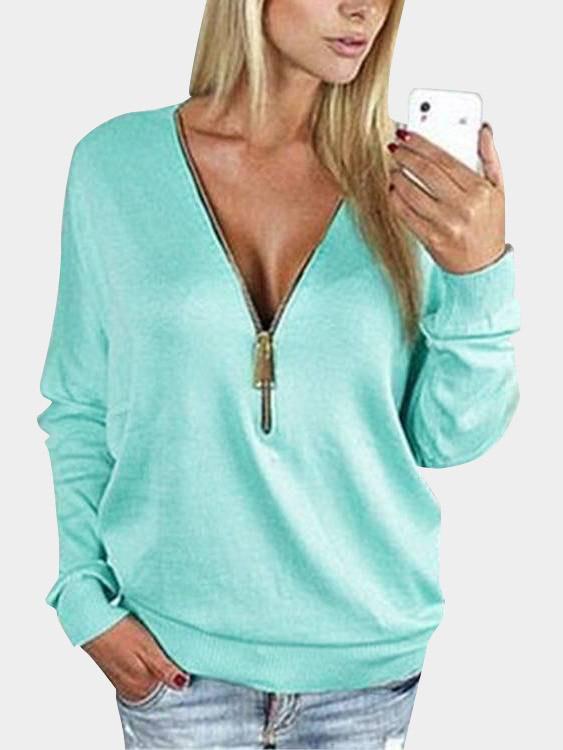 V-Neck Zip Back Long Sleeve T-Shirts