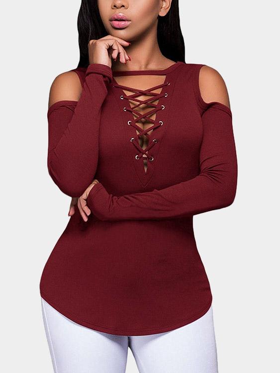 V-Neck Cold Shoulder Plain Lace-Up Cut Out Long Sleeve Curved Hem Burgundy T-Shirts