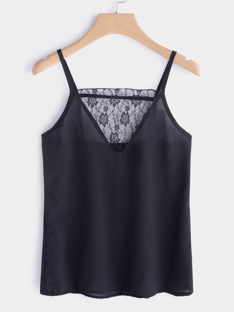 V-Neck Lace Backless Sleeveless Black Camis