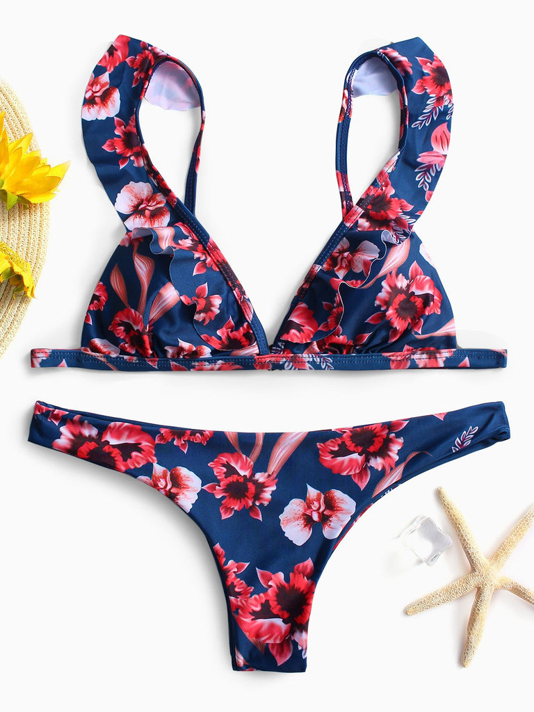 Navy V-Neck Sleeveless Floral Print Ruffle Hem Two Piece Bikinis