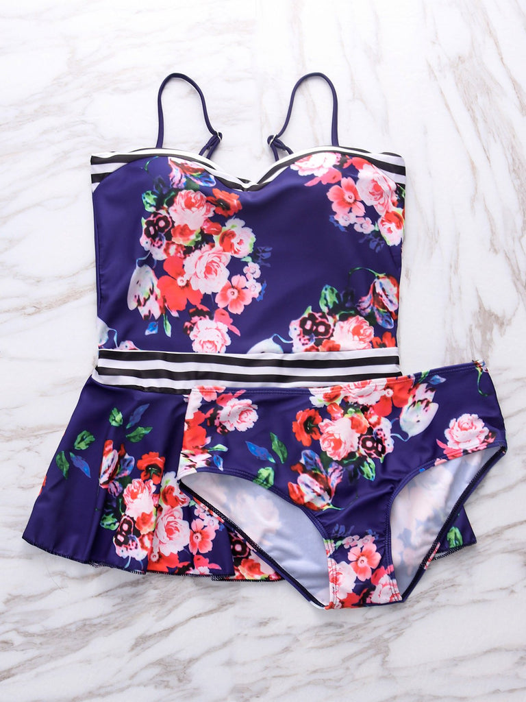 Navy V-Neck Floral Print Ruffle Hem High-Waisted Bikini Set Swimwear