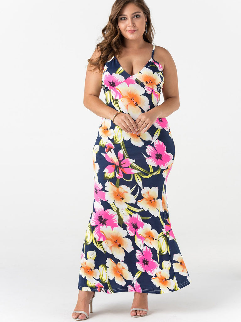 Deep V Neck Floral Print Backless Sleeveless Plus Size Maxi Dress