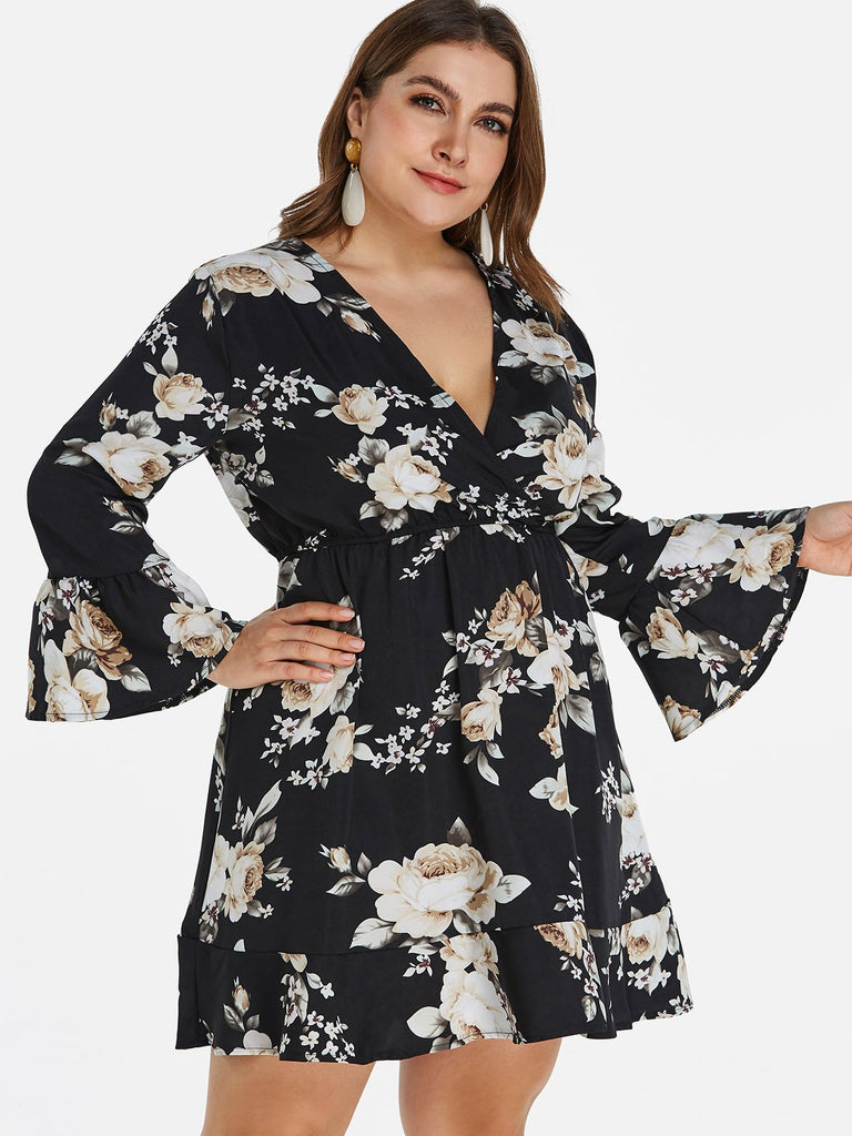 V-Neck Floral Print Wrap Long Sleeve Ruffle Hem Black Plus Size Dress