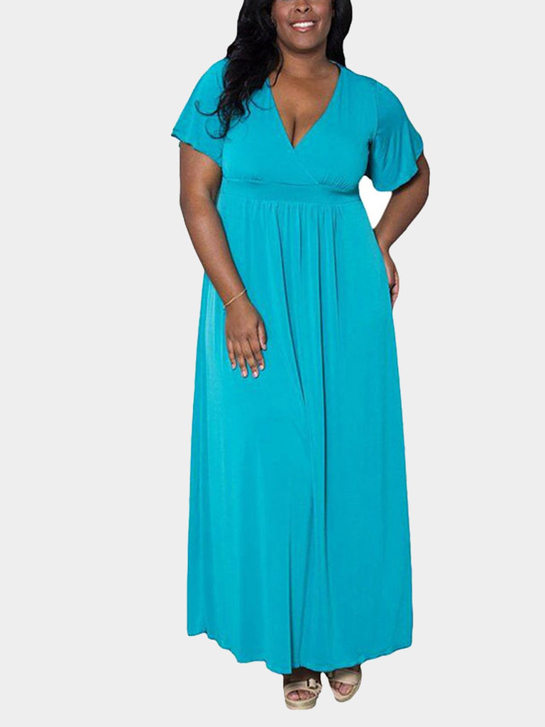 V-Neck Light Blue Plus Size Maxi Dress