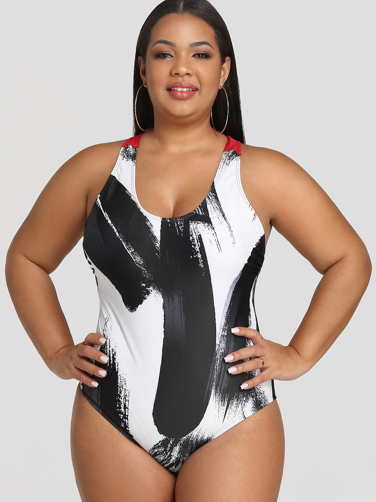 Scoop Neck Printed Plus Size Swimwear