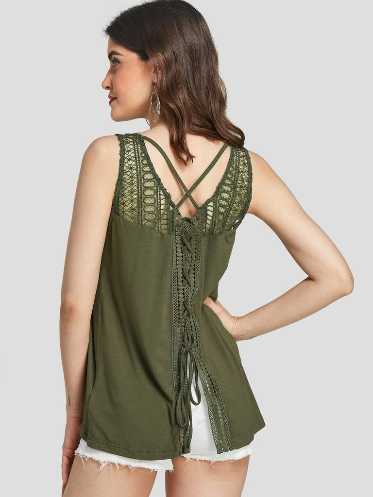 Round Neck Plain Crochet Lace Embellished Lace-Up Criss-Cross Sleeveless Army Green Tank Top