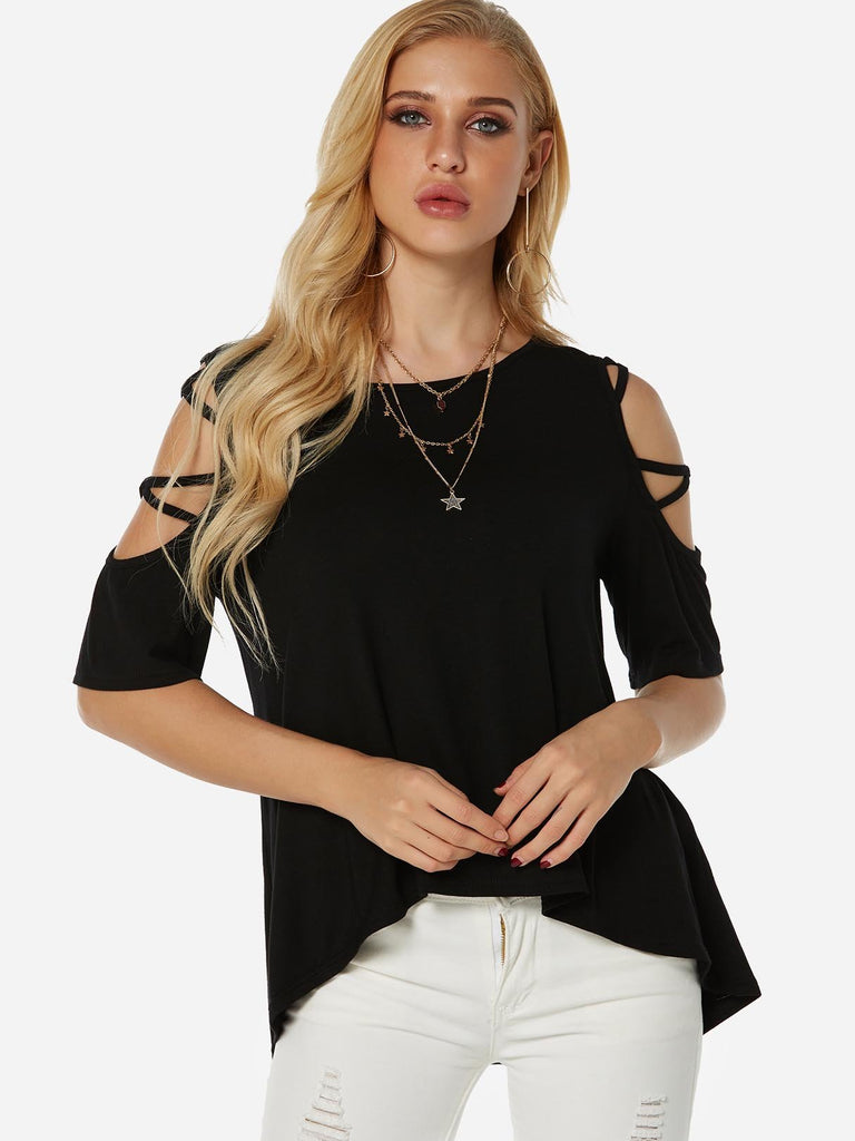 Cold Shoulder Short Sleeve Black Tee