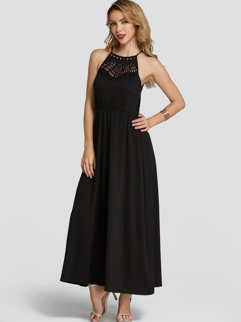 Black Crew Neck Sleeveless Plain Hollow Spaghetti Strap Ruffle Hem Maxi Dresses