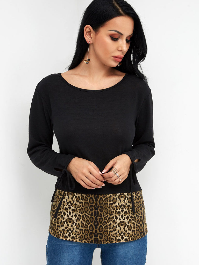 Scoop Neck Leopard Long Sleeve T-Shirts