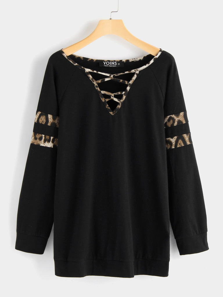 V-Neck Leopard Long Sleeve Black T-Shirts