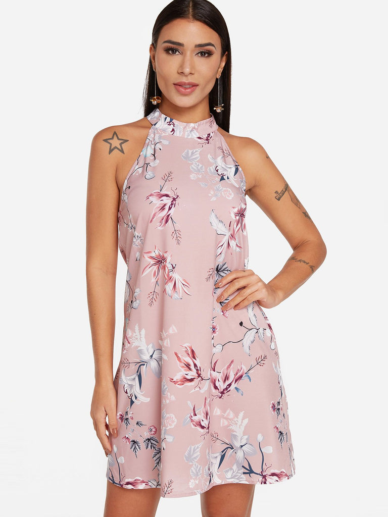 Pink Sleeveless Floral Print Lace Zip Back Mini Dress