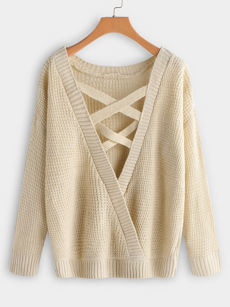Round Neck Plain Backless Criss-Cross Long Sleeve Plus Size Tops