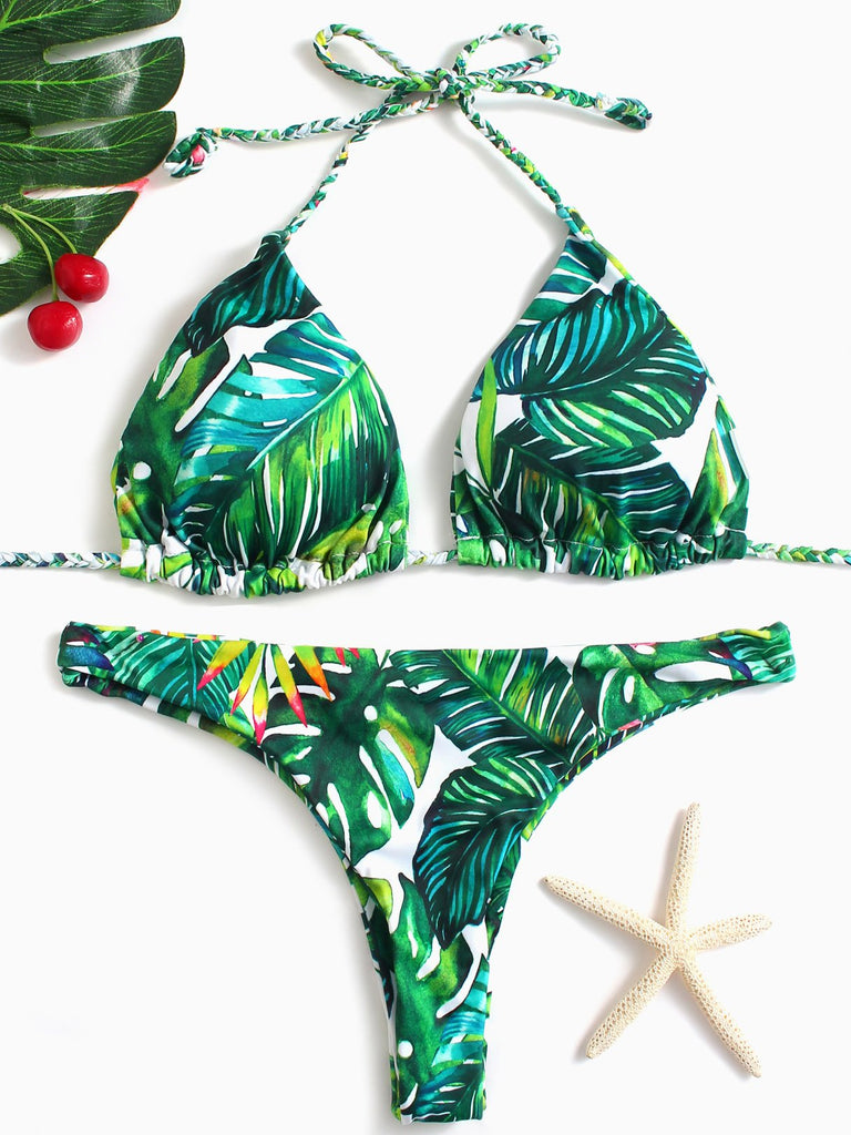 V-Neck Sleeveless Floral Print Tie-Up Two Piece Bikinis