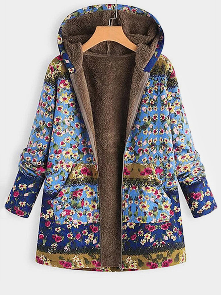 Floral Print Calico Zip Back Side Pockets Hooded Long Sleeve Plus Size Coats & Jackets